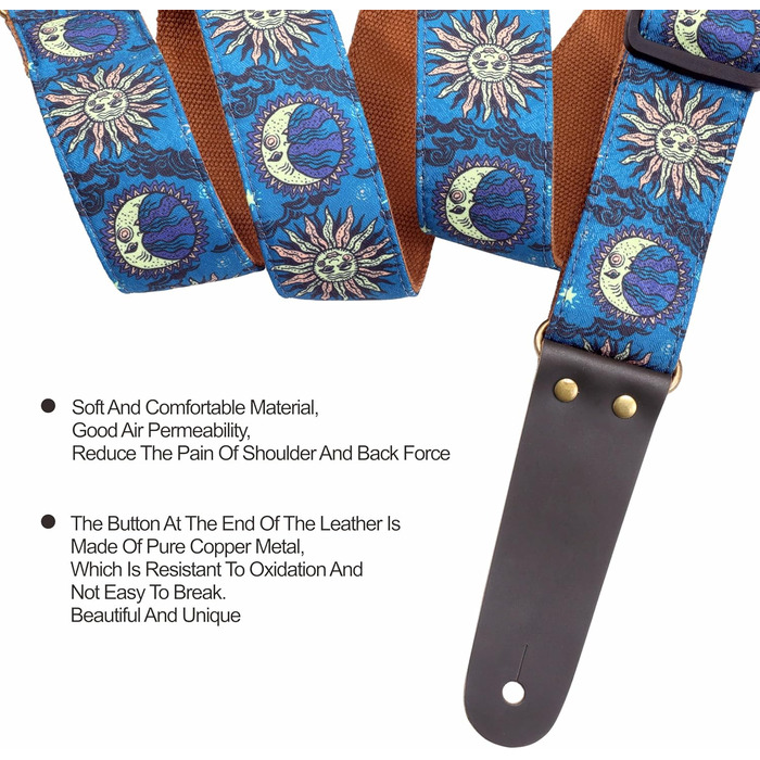 Гітарний ремінь Nefelibata, вишитий бавовняний ремінь з шкіряними кінцями, для бас-гітари, електро- та акустичної гітари, безкоштовний фіксатор, 1 пара застібок, 4 шт. (Блакитне сонце)