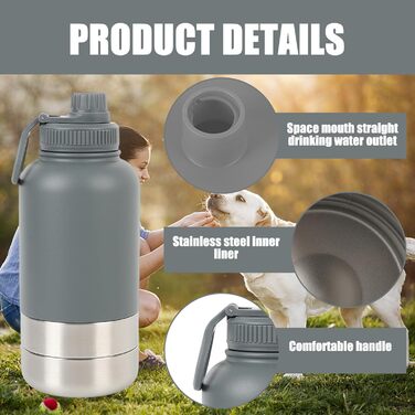 Портативна собача пляшка для води з мискою 950 мл – ізольована сталева фляга для собак, BPA-free для подорожей та прогулянок (Сірий, L)
