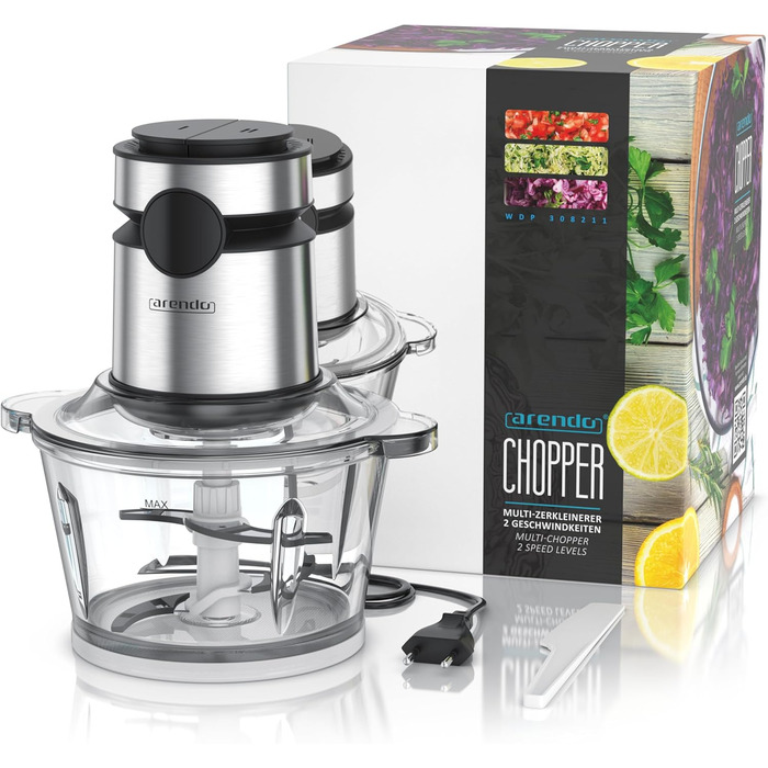 Електричний подрібнювач Arendo з нержавіючої сталі, 500 Вт, об'єм 2 л, для м'яса, горіхів, фруктів, овочів та іншого