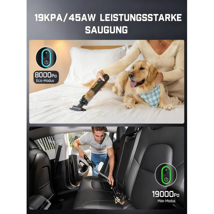 Автомобільний пилосос Fanttik Slim V8 APEX акумуляторний, портативний 4-в-1 з високою потужністю 19000 Па/45 Вт, 2 режими, для авто, офісу, клавіатури (чорний)