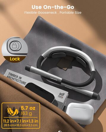 Лампа для читання Glocusent з акумулятором 1600mAh, 3 кольори та 5 рівнів яскравості, зручний вимикач та таймер – налобний ліхтар, ліхтар для читання, світло для рукоділля, читання та роботи, сірий