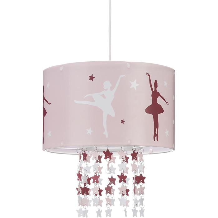 Relaxdays Hanging Lamp for Girls, Children's Lamp with Ballerina Motif, Pendant Light with Star Mobile for Children's Rooms, pink, 30 x 30 x 140 cm