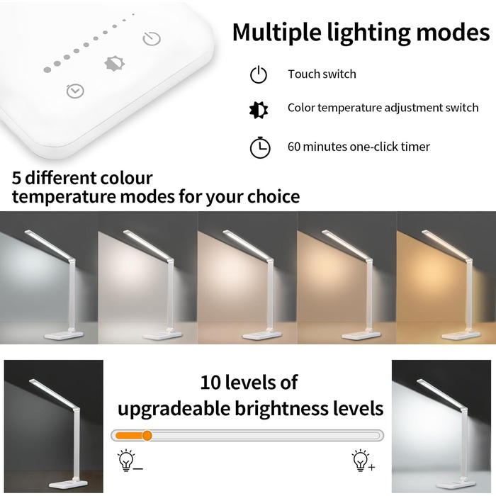 LED лампа для столу LQWELL® з регулюванням яскравості, метал, 5 кольорів, 10 рівнів, USB-зарядка, сенсорне керування, пам'ять, для дітей, офісу, білого кольору (QM019)