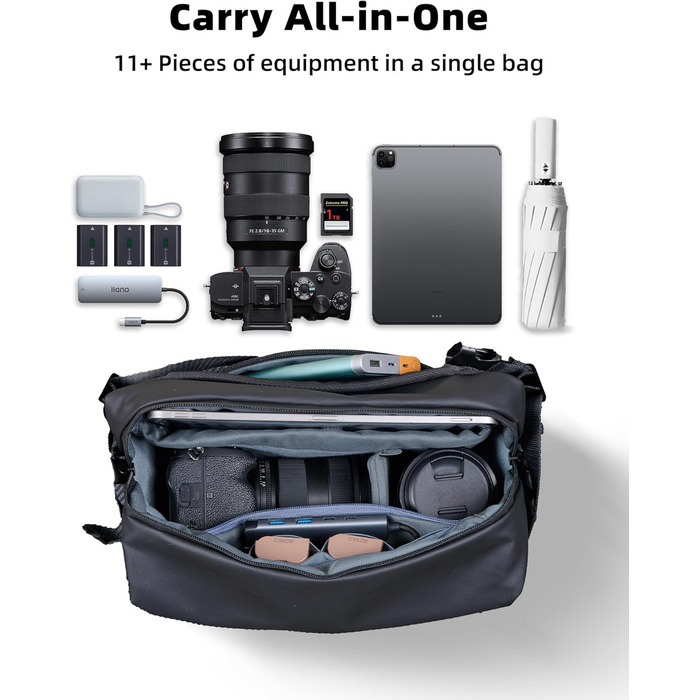 Чорна сумка-переноска для камери LLANO: DSLR/беззеркальні камери, 1 камера, 2 об'єктиви, аксесуари
