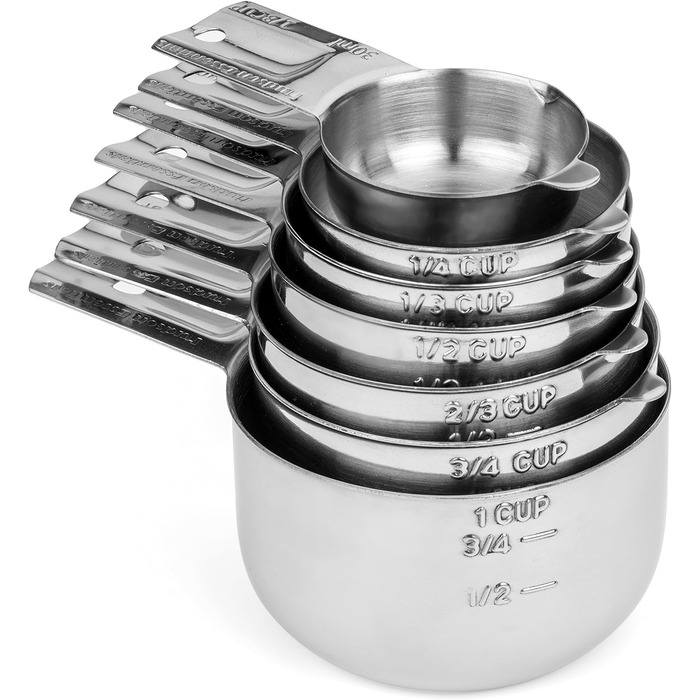 304 Stainless Steel Measuring Cup Set, 7-Piece, Stackable, with 1/8 Cup, 2 Tablespoons (Diverter Nozzle Model)
