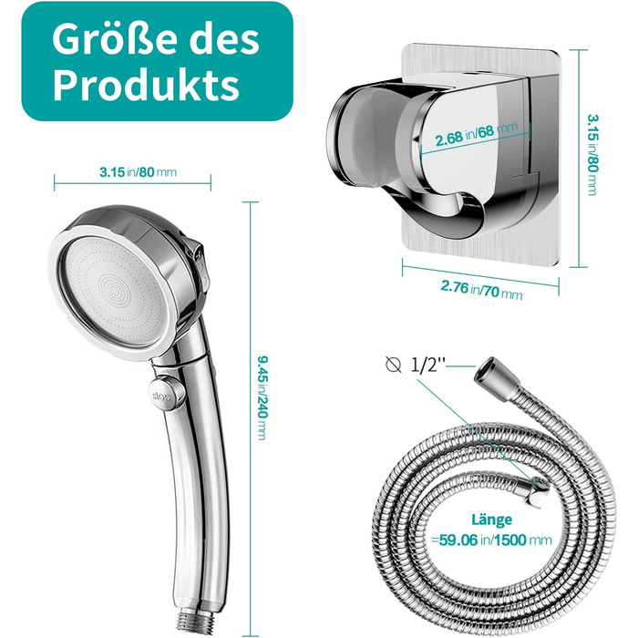 MIAOHUI Showerhead, Water-Saving with Water Stop Function, 3 Spray Patterns, Pressure-Boosting Showerhead, Shower with Hose and Holder (Chrome)