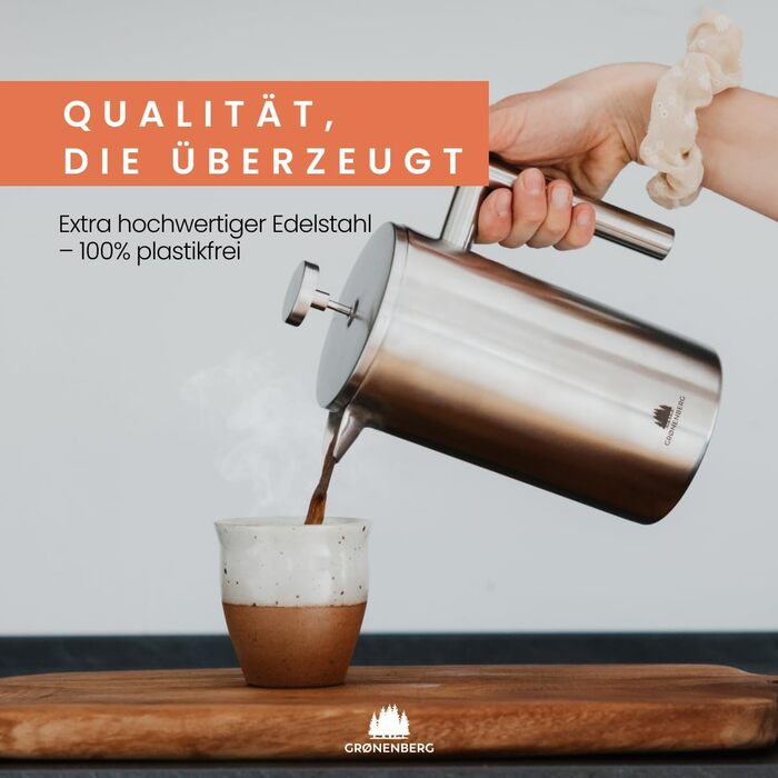 Groenenberg Spar Set 5 | French Press Thermo + Manual Coffee Grinder | French Press + Hand Coffee Grinder made of high-quality stainless steel 1 Liter French Press