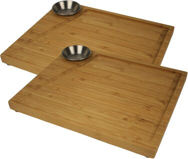 Bamboo Steak Board 2-Piece Set with Stainless Steel Sauce Containers and Juice Groove, Professional Wooden Serving Board for Meat, with 4 Non-Slip Feet, Dimensions: 30 x 25 x 3 cm