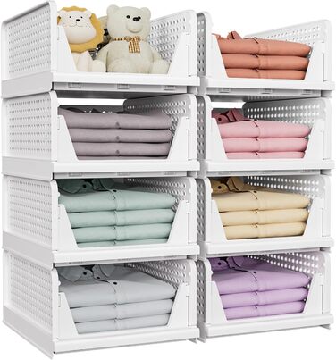 SNSLXH 5 Pack Stackable Closet Shelf Organizer, Multifunctional & Foldable Closet Organizer for Bathroom Kitchen Closet Storage, Space-Saving Closet Drawer Storage Box, White (8pack White)