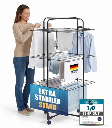 Вертикальна сушарка для білизни STAHLMANN® на 3 яруси, чорна, 30 м сушальної поверхні, складана, на колесах