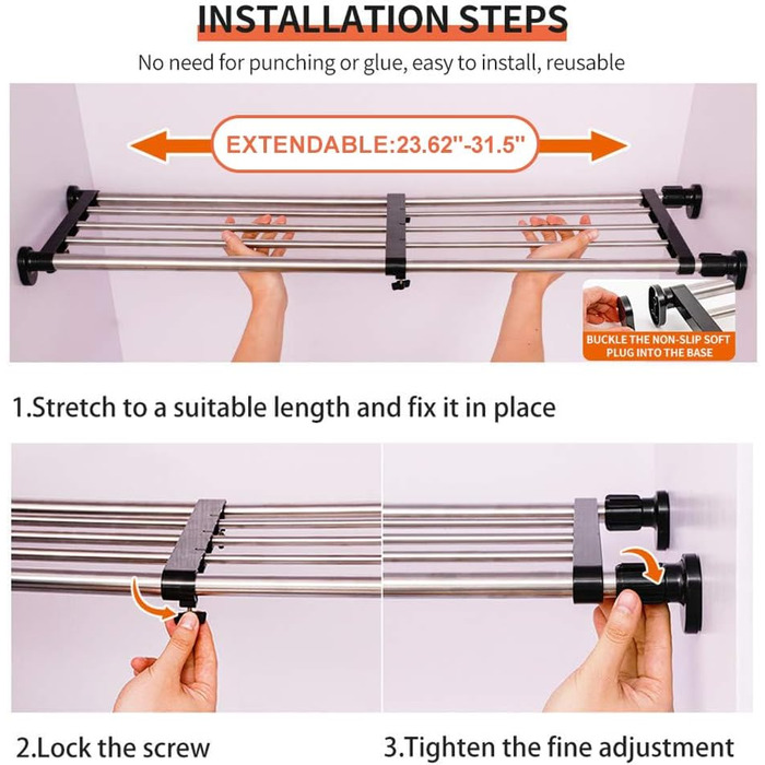 Hershii Extendable Closet Shelf, Retractable Closet Organizer, Adjustable Closet Divider, Pull-Out Closet Rod, Closet Metal Storage, for Wardrobe, Kitchen, Bathroom, Black (60-80cm/23.62-31.5inches)