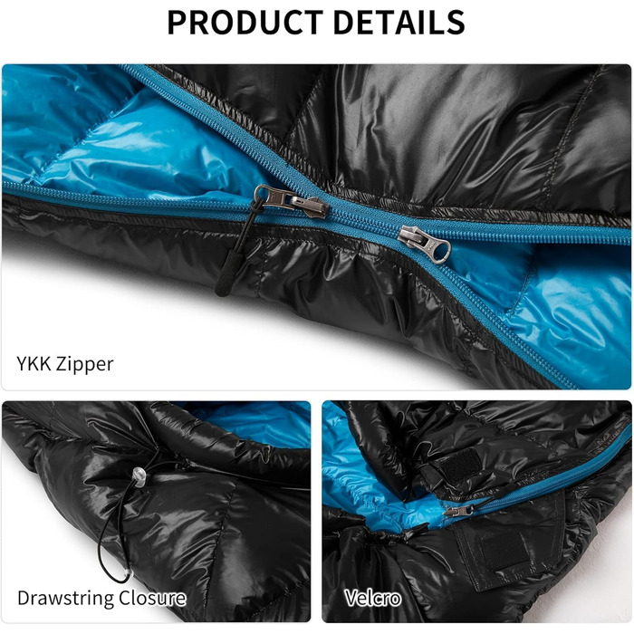 Спальний мішок Naturehike CW400: ультралегкий, пуховий, для дорослих, -11°C—6°C, з компресійним водонепроникним чохлом. Підходить для походів, велопоїздок та кемпінгу. Чорний колір.