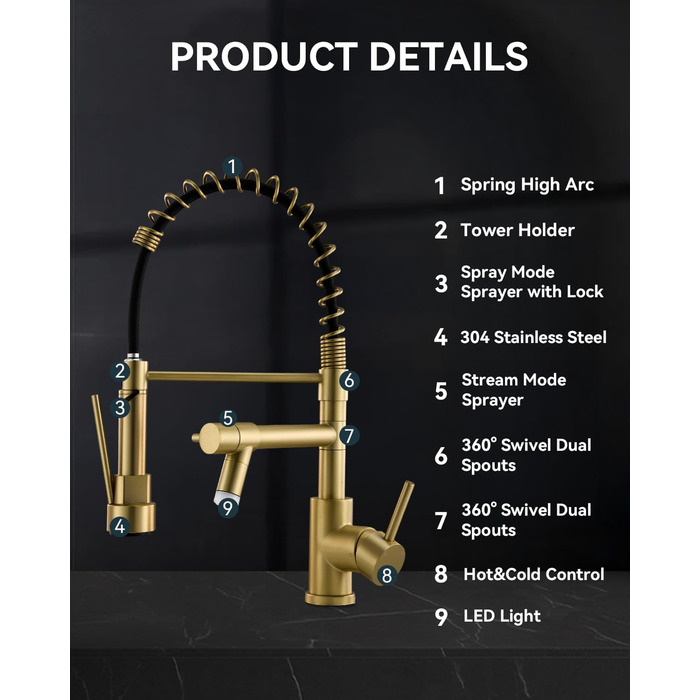 Кран кухонний LED Warmiehomy професійний, 360° поворотний, з двома виливами, високий вигин, спіральна пружина, для мийки, з нержавіючої сталі (золотий)