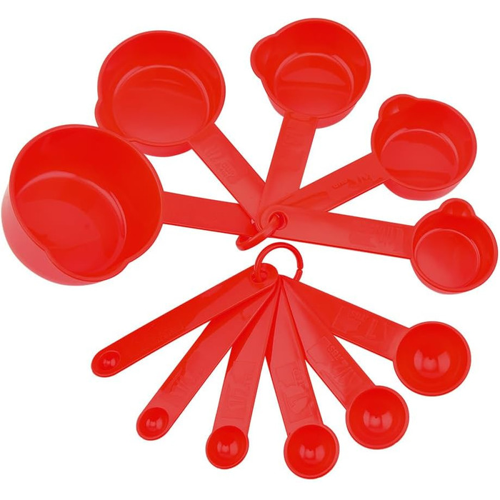 Measuring cup and spoon set, 11-piece plastic measuring cup and spoon set for dry and liquid ingredients, 5 measuring cups and 6 measuring spoon set for children for cooking and baking, color: red