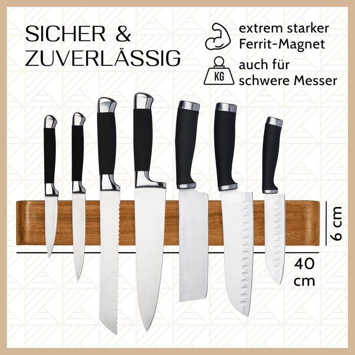 KÖKSMAGI® Magnetic Knife Strip OSKAR (40 cm) - magnetic wooden knife strip with an extremely strong magnet for heavy knives - self-adhesive (3M adhesive tape) & with drilling accessories