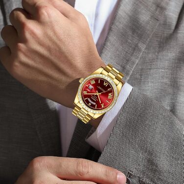 Годинник NIBOSI для чоловіків: аналоговий кварцовий годинник з діамантовою лускою, сталевий циферблат рожевого золота, срібний, водонепроникний, бізнес-стиль, класичний годинник з датою та індикатором дня тижня (золотий, червоний)