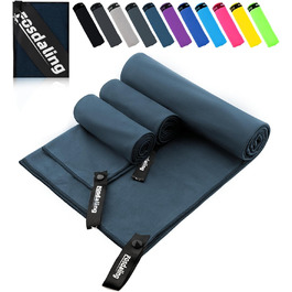 Набір з 3 рушників з мікрофібри: великий (180x90 см) та 2 маленькі (80x40 см), швидковисихаючі, для спорту, подорожей, басейну та пляжу (темно-синій)