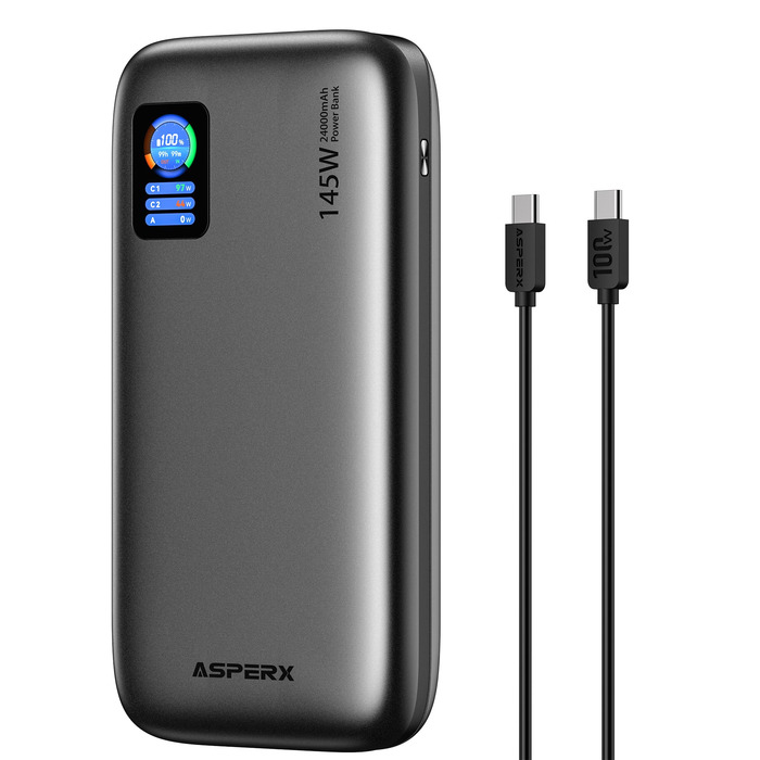 Power Bank AsperX 100W 24000mAh з LED-дисплеєм для ноутбуків, телефонів (iPhone 16/15/14 Pro), MacBook, iPad, Tablet, Steam Deck (сірий)