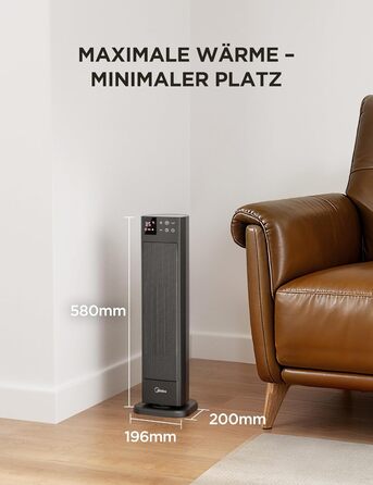 Електричний обігрівач Midea Ceramic 2000W з термостатом, 3 режими, таймер 24г, захист від перегріву та перекидання, миттєве тепло для офісу та спальні (сірий, 58см)