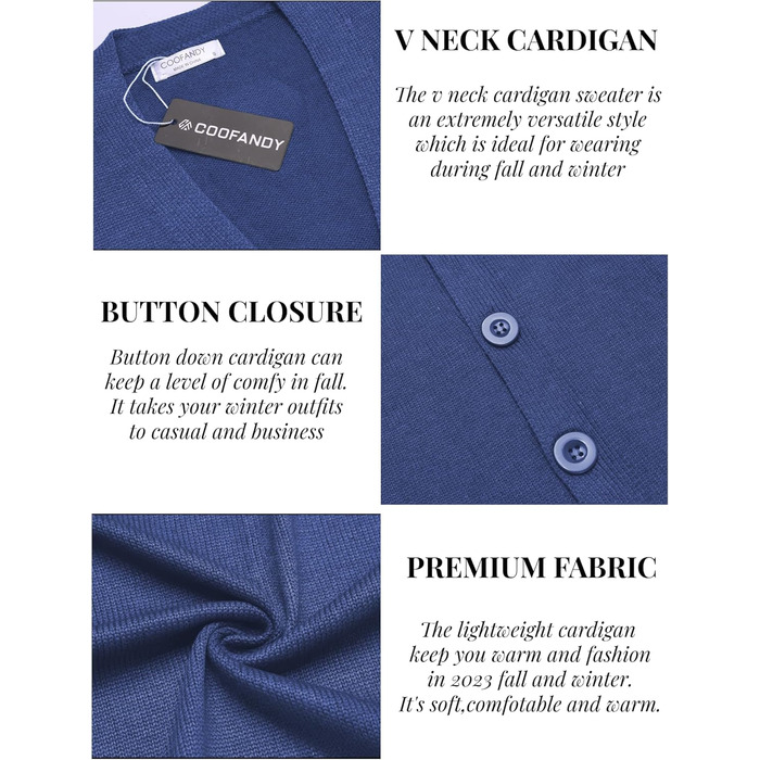 Чоловічий в'язаний кардиган COOFANDY з V-подібним вирізом, повсякденний, легкий, на ґудзиках, синій (M)