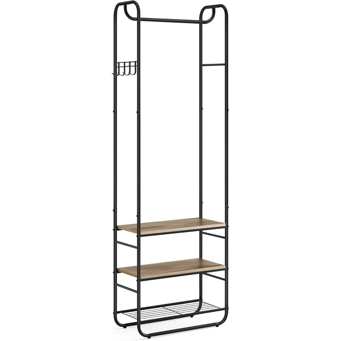 VASAGLE Coat Rack, Clothes Rack, with Shoe Storage, Shoe Shelf, for Entryway, Bedroom, 58 x 28 x 181 cm, Scandinavian, Matte White-Gold Oak HSR81WN (Ink Black + Camel Brown)