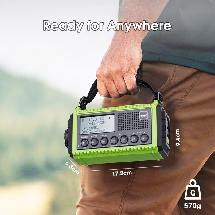 Радіо DAB/DAB+/UKW з вбудованим акумулятором 5000mAh, сонячне радіо, радіо для надзвичайних ситуацій з USB-зарядкою, радіо для кемпінгу з LED-ліхтариком, SOS-сигналом, портативне радіо з ручним приводом для активного відпочинку (зелене)