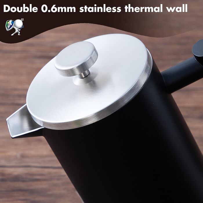 Набір для приготування кави френч-прес: термоізольований, з молочний пінозбивач, з нержавіючої сталі (матова чорна), 1 літр