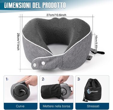 Подушка для шиї темно-сіра для подорожей: подушка-білочка, авто, літак, комплект для подорожей