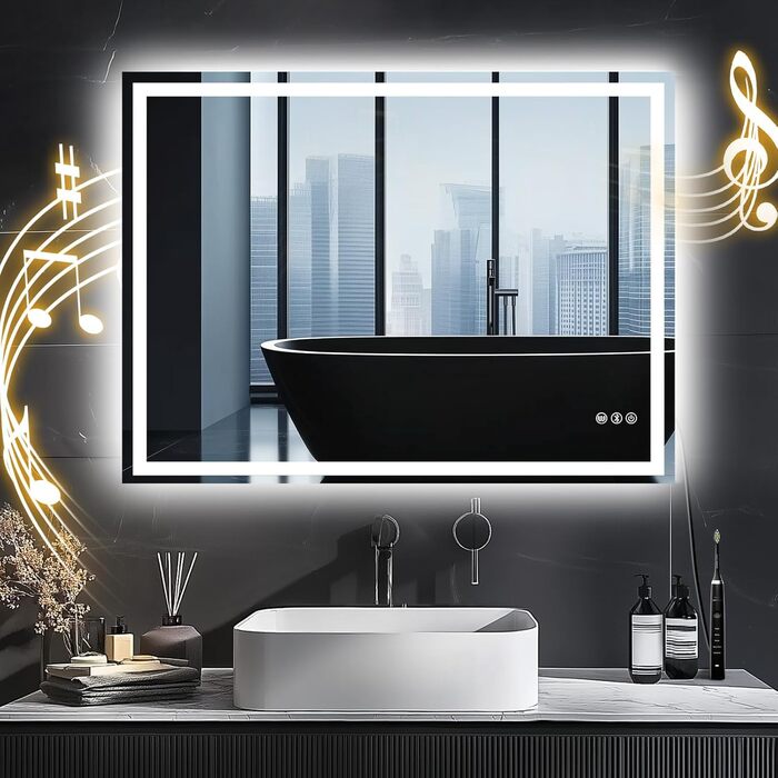 Дзеркало для ванної кімнати зі світлодіодним підсвічуванням 50x70 см, з сенсорним вимикачем, Bluetooth (80x60 см)