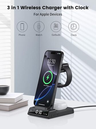 Зарядна станція 3-в-1 для Apple: iPhone 16/15/14, Apple Watch 10/9/8/7/6/SE та AirPods Pro/4. Бездротова зарядка