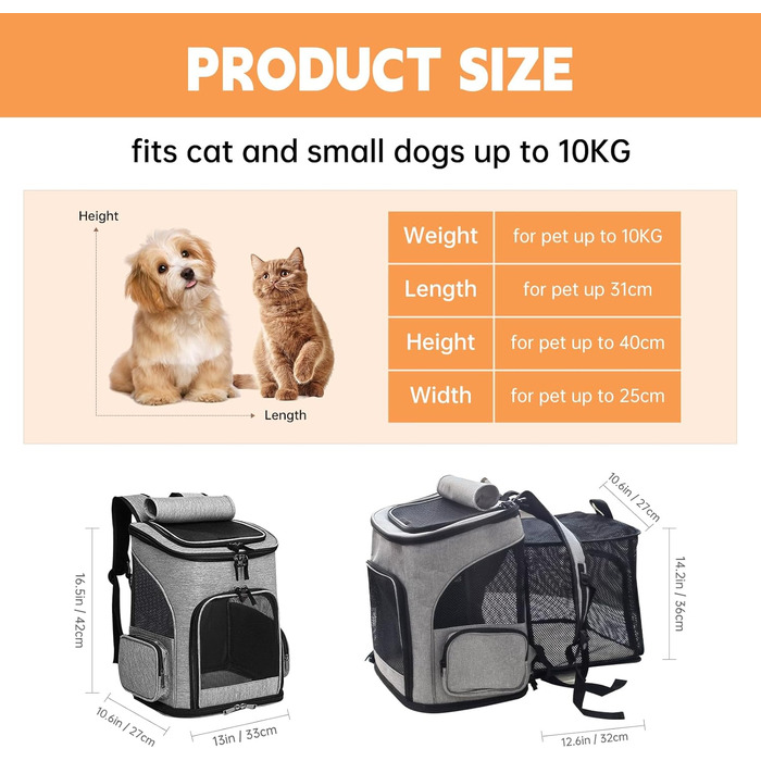Рюкзак для тварин: переноска для собак та котів до 10 кг, сірий. Зручна, розширювана, з 2 матами.