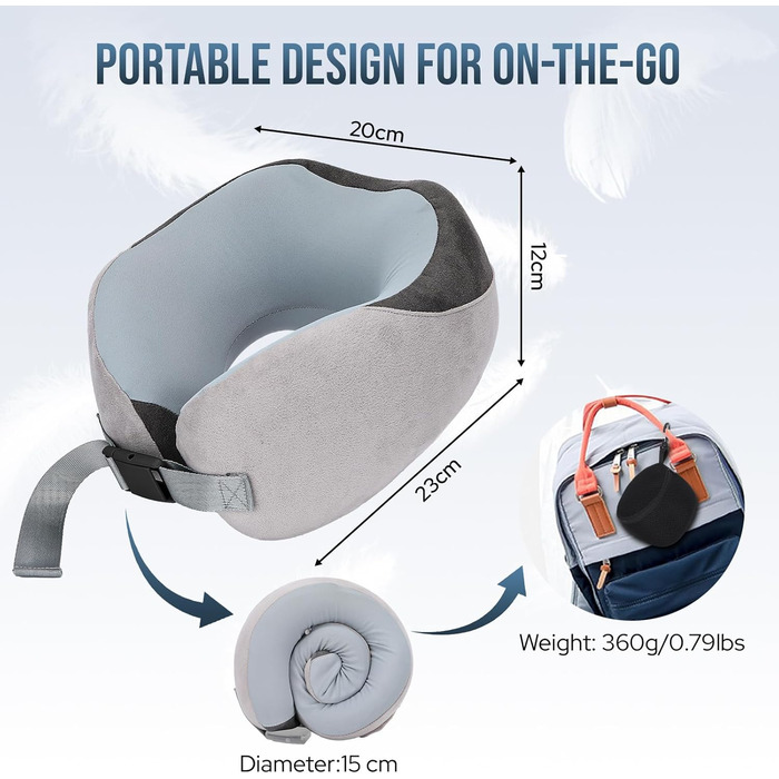 Подушка для шиї в літак, Memory Foam, м'яка, регульована та компактна, Ice Silk, для дорослих, ергономічна, з чохлом для зберігання (сіра)