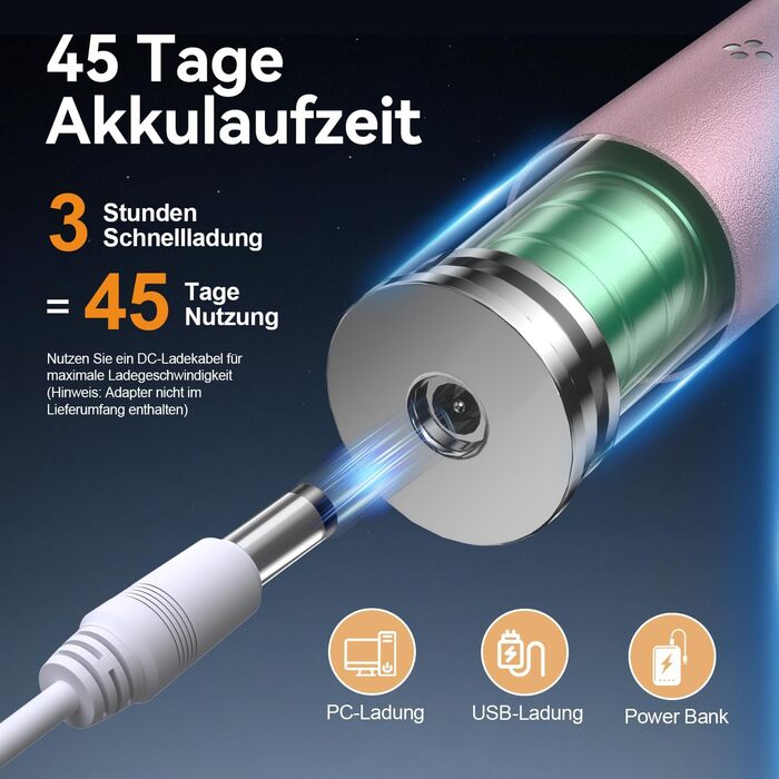 Електрична звукова зубна щітка JTF з очищувачем язика, 8 насадок, 5 режимів, функція пам'яті, таймер 2 хв, IPX7, швидка зарядка (3 год), для дорослих (блакитна), з додаванням алмазного порошку