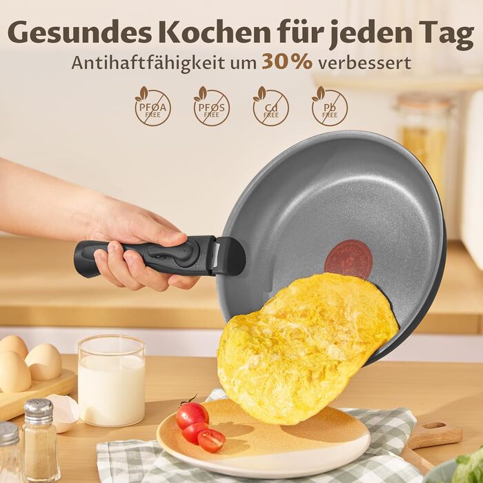 Набір сковорідок 4 шт. 20, 24, 28 см з термоіндикатором, знімні ручки, антипригарне покриття, підходить для всіх плит, можна використовувати в духовці