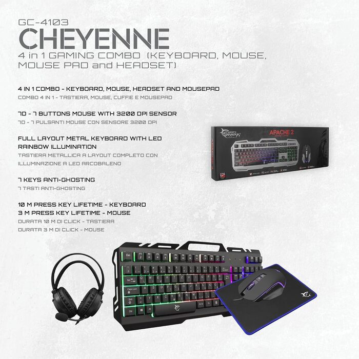 Ігровий набір White Shark Cheyenne 4-в-1: миша з LED-підсвічуванням, клавіатура з Anti-Ghosting, гарнітура з мікрофоном та килимок для миші, чорний
