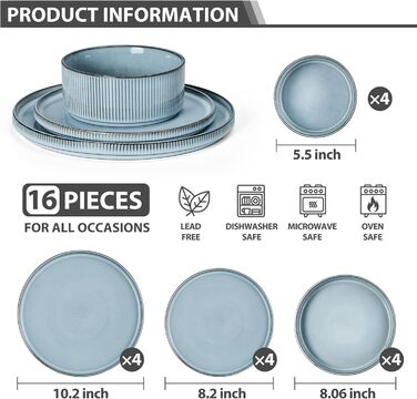 Набір посуду керамічного LIANYU Linear Hues на 16 персон: тарілки та миски для пасти, білий з блакитним, мікрохвильова піч та посудомийна машина