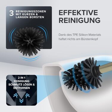 Набір для чищення унітазу Ovimar Finnkona з кріпленням на стіну без свердління | Силіконова щітка для унітазу з вентиляцією | Виготовлена з порошково-пофарбованої нержавіючої сталі | Змінний насадка для унітазу (золота)