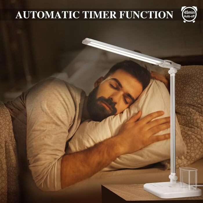 iVict LED лампа для столу з двома шарнірними руками, сенсорне керування, 5 режимів, таймер, USB-порт, пам'ять, для дітей, біла
