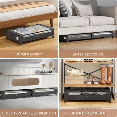 Коробки для зберігання під ліжко PHINOX з колесами, 2 шт (74x42x16 см) - місткі контейнери для одягу, взуття, іграшок з прозорою кришкою