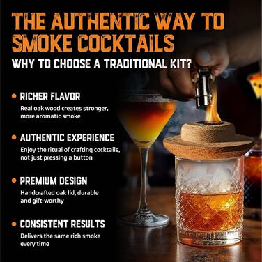 Набір для копчення коктейлів з пальником та 8 смаків дерев'яних стружок - Преміум коптячка з дуба США - Набір для Old Fashioned - Подарунок для чоловіків (з бутаном)