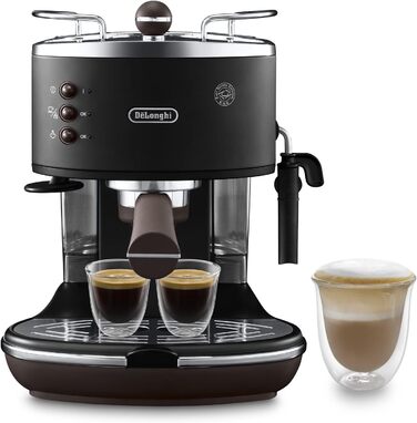 Еспресо-машина De'Longhi Icona Vintage ECOV 311.BG – чорна, з ручним капучинатором, для кави та ESE Pads, 1.4 л