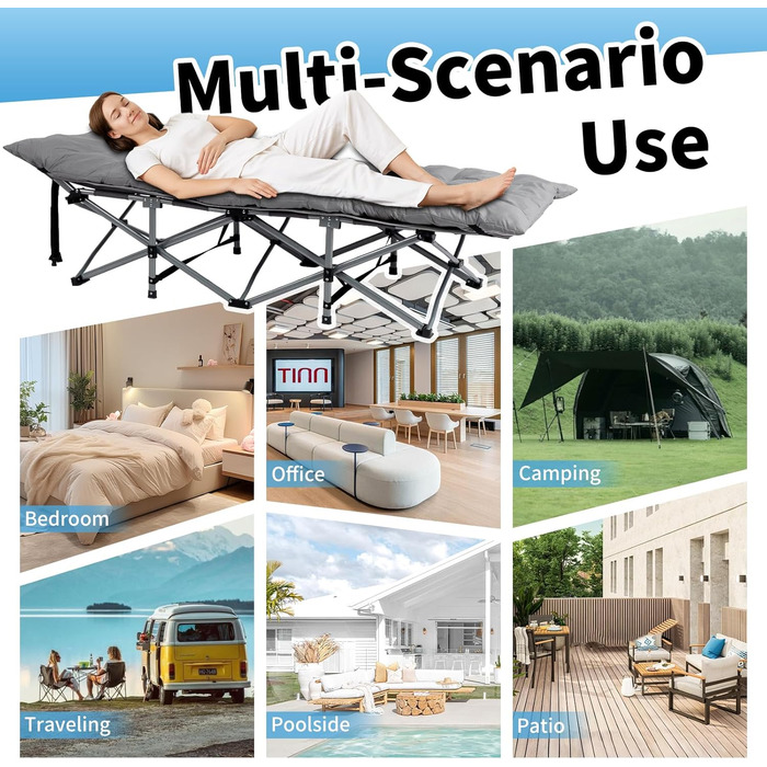 Ліжко складане кемпінгове LEADZM з матрацом, сталевий каркас 190x71x36 см, сіре - для дому, природи, подорожей