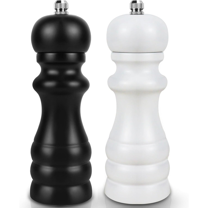 Набір для солі та перцю: ручні млини для перцю та солі, чорного кольору, великі. Дерев'яні млини для спецій з регульованою керамічною помелювальною камерою (від дрібної до грубої). 6,5 дюйми для морської солі, чилі, грубої солі (чорний та білий), 2 шт.