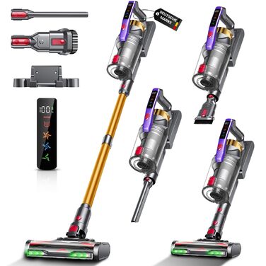 Бездротовий акумуляторний пилосос 58KPa/550W з LED-дисплеєм та антизаплутана щітка, 1.8L, для тварин, килимів, твердих поверхонь та авто, сірий & золотий