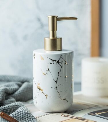 Набір аксесуарів для ванної кімнати FülleMore з кераміки, 4 шт. (300 мл), мармурова текстура, мильниця, диспенсер для мила, тримач для зубних щіток (білий)
