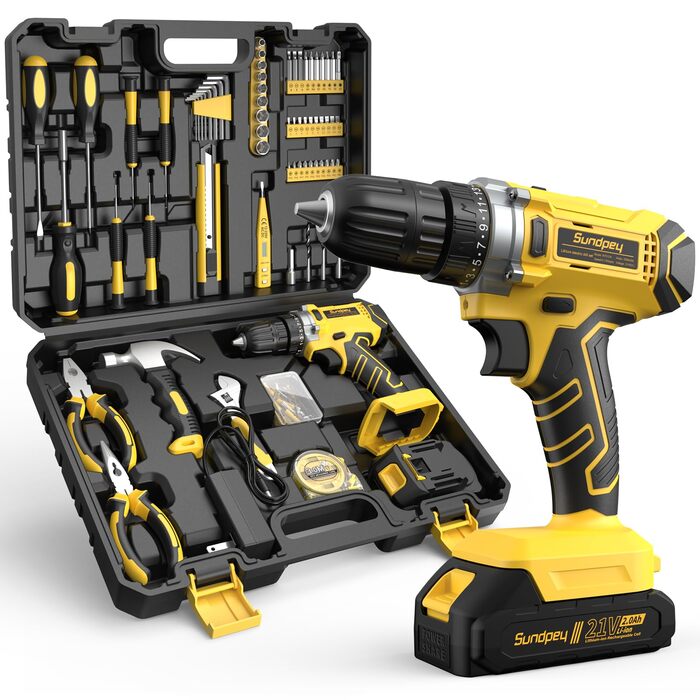 Набір інструментів Sundpey 170 предметів з акумуляторним дрилем-шуруповертом 21V, універсальний для дому, будівельні та ремонтні роботи