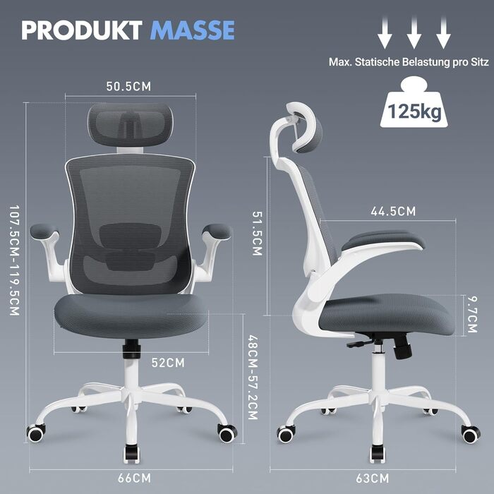 Офісне крісло Colamy з ергономічною підтримкою спини, регульованою підголівником та поперековою підтримкою, сітчасте, сірого кольору