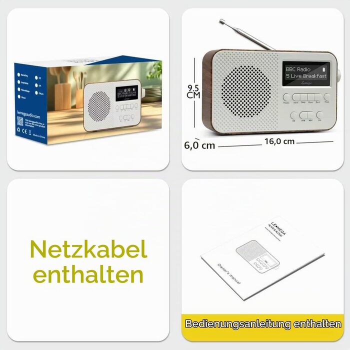 Портативне цифрове радіо LEMEGA PR2-Max DAB+/FM, Bluetooth 5.3, на батарейках AA, колір горіх
