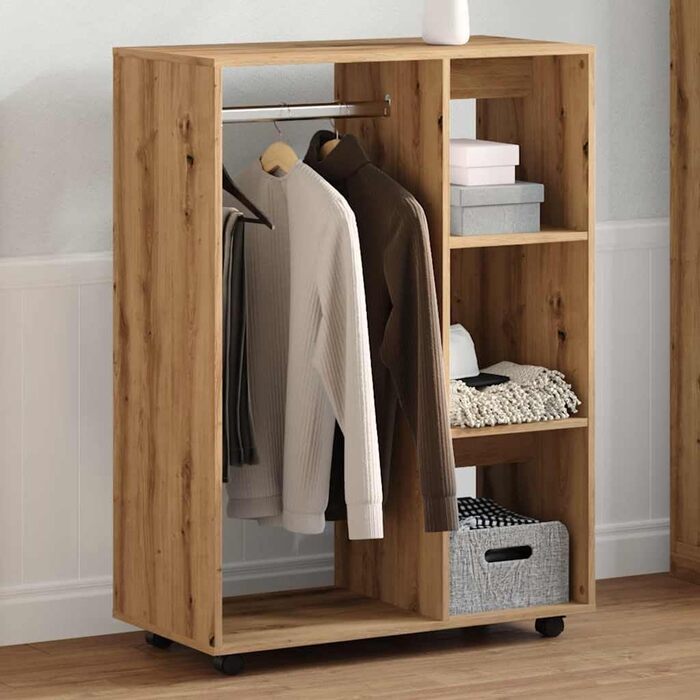 vidaXL Wardrobe with Open Compartment, 3 Side Shelves, Wheels, Coat Rack, Wardrobe, Bedroom, Closet, White 80x40x110cm Wood-Based Material (Handcrafted Oak)