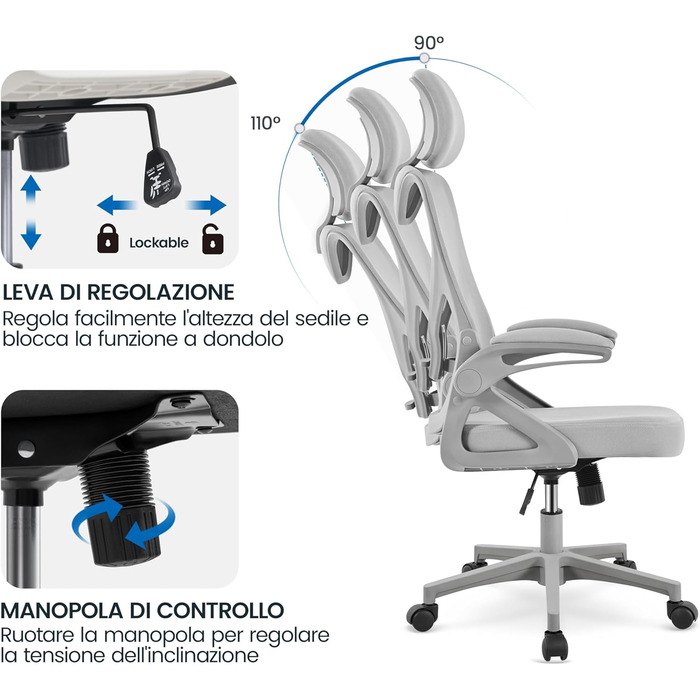 Ергономічне крісло Yaheetech для офісу з підйомними підлокітниками, регульованою підголівником та функцією гойдання, до 136 кг, сіре